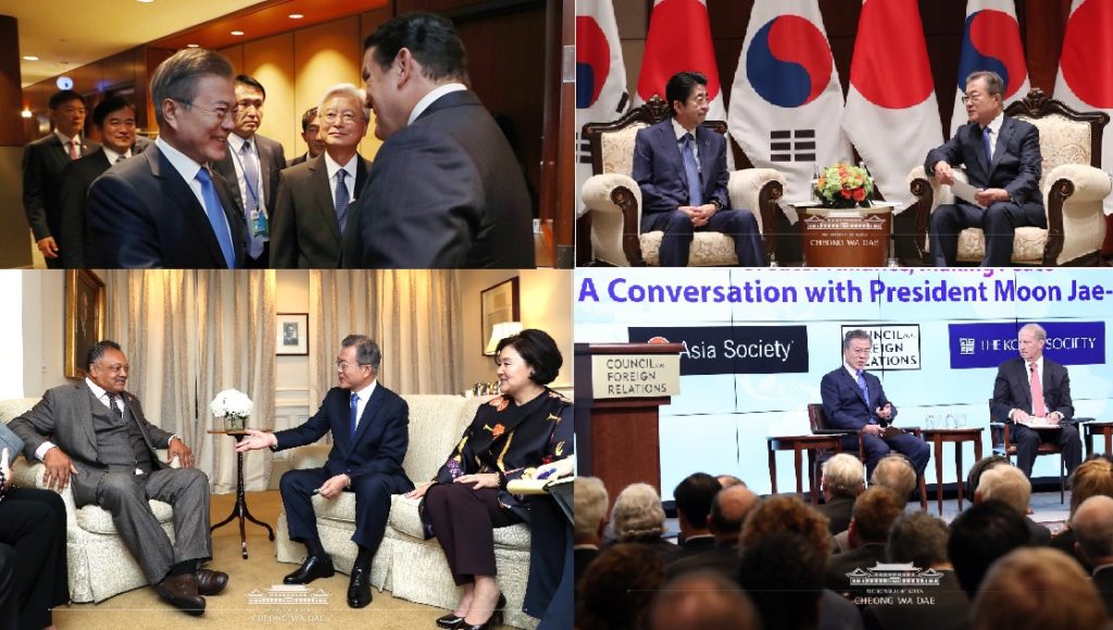 문재인 대통령, UN총회 둘째 날 – 미국 Fox News와 인터뷰 / 한·일 정상회담 / 제시 잭슨 목사 환담 / 미국외교협회(CFR)·코리아소사이어티(KS)·아시아소사이어티(AS) 공동 연설’ 등 가져