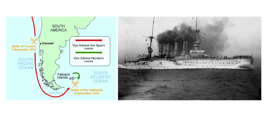 1914년 12월 8일, 제1차 세계대전 : 포클랜드 해전 (Battle of the Falkland Islands) 발발